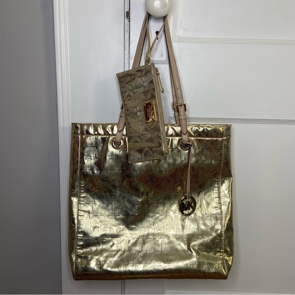 Michael Kors Gold Signature Mirrored Leather North South Tote And Wristlet Set